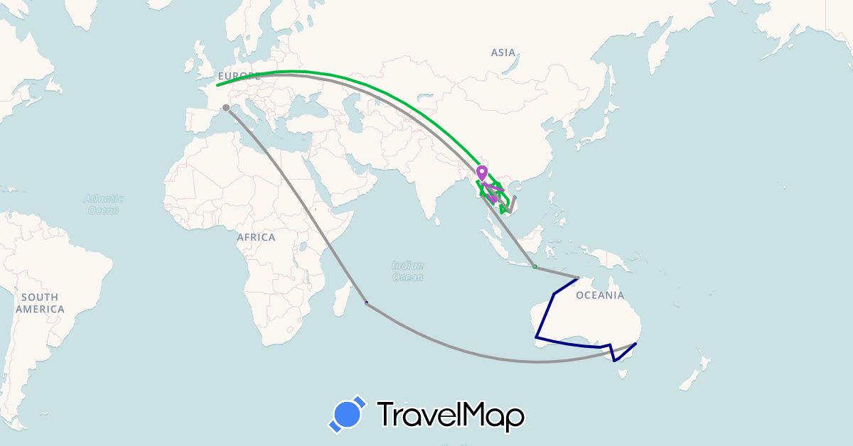 TravelMap itinerary: driving, bus, plane, train, boat in Australia, France, Indonesia, Cambodia, Laos, Myanmar (Burma), Réunion, Thailand, Vietnam (Africa, Asia, Europe, Oceania)